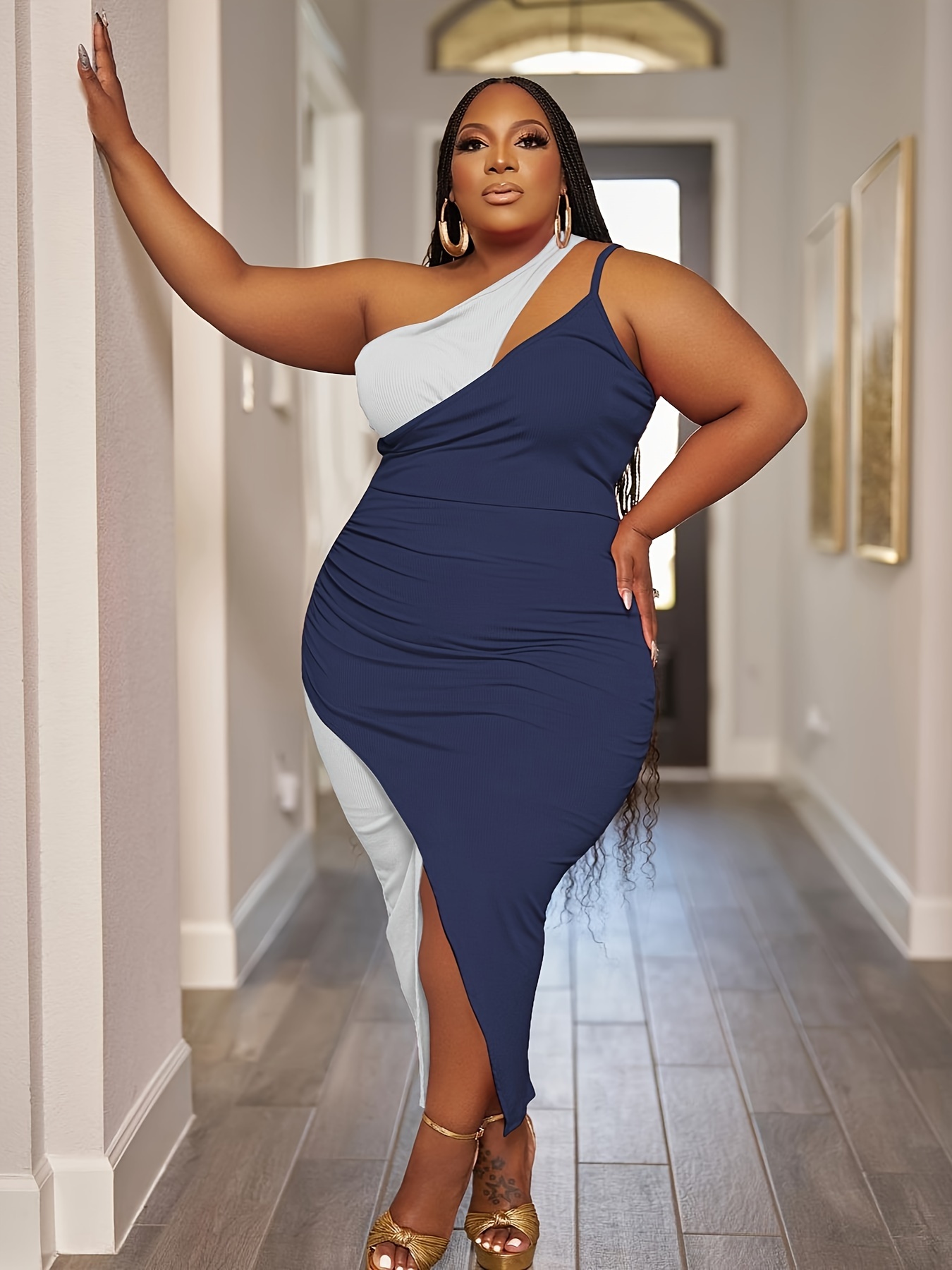 Women's Plus Size Colorblock Wrap One Shoulder Bodycon Dress, Ruched  Asymmetrical Sleeveless Dress For Summer