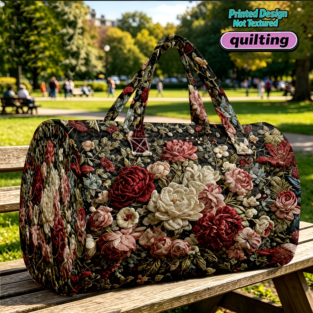 TEMU 1pc Black Peony Quilted Cylinder Travel Tote Bag, Style For Women, Halloween Thanksgiving Christmas Gift With Random Print