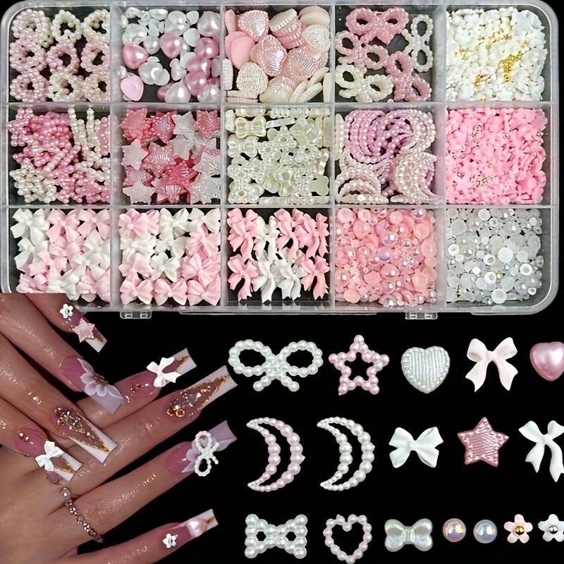 Nail Art Decoration Set - Includes 3d Resin Pearls And Hollow Heart Bow Charms, Y2k Flat Back Mixed Bow Ornaments For Manicure