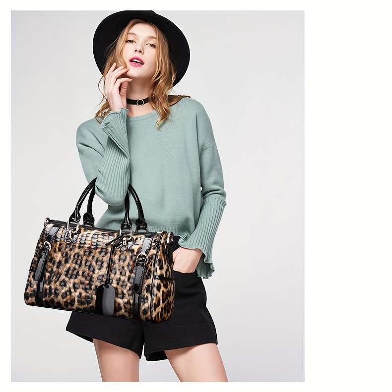 luxury genuine faux leather womens handbag spacious stylish with adjustable strap animal print design zip closure details 1