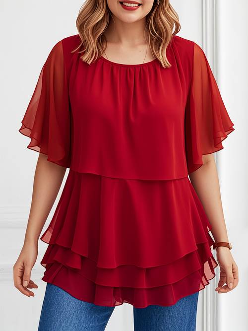 plus size plus size plus size round neck chiffon double layer elegant cake hem cover up summer new womens top
