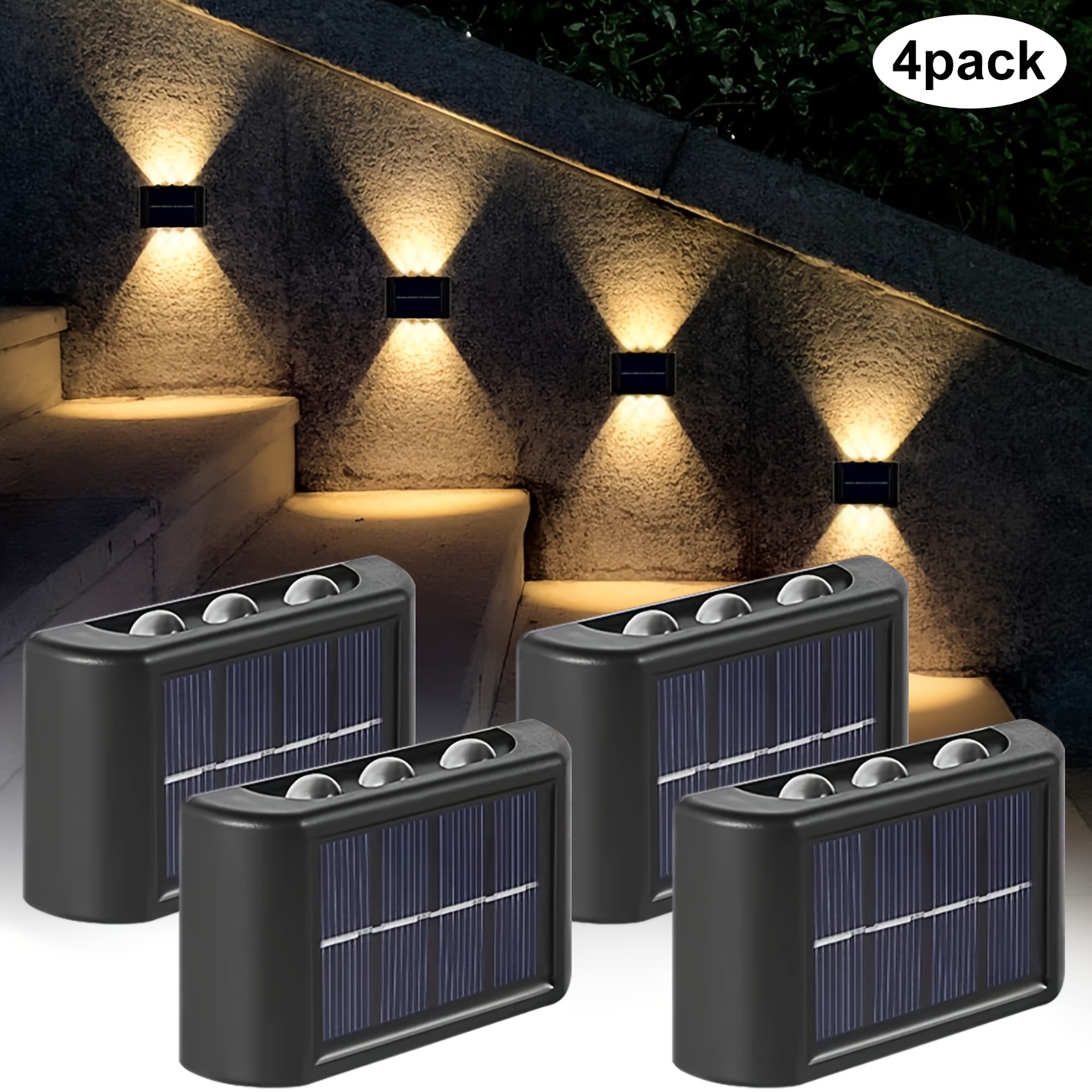 TEMU 4pack Solar Wall Light, Outdoor 6 Led Deck Lights, Wall Light, For Courtyard, Street, Fence, Garage, Garden Perfect Decoration, Waterproof-ip44.