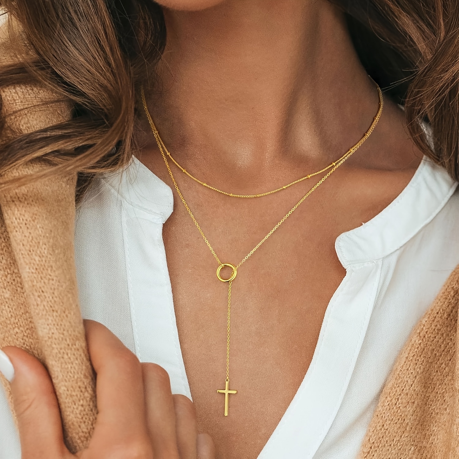 Women's Stackable Cross Double-Layer Necklace Set — Golden & Silvery Bead Chains