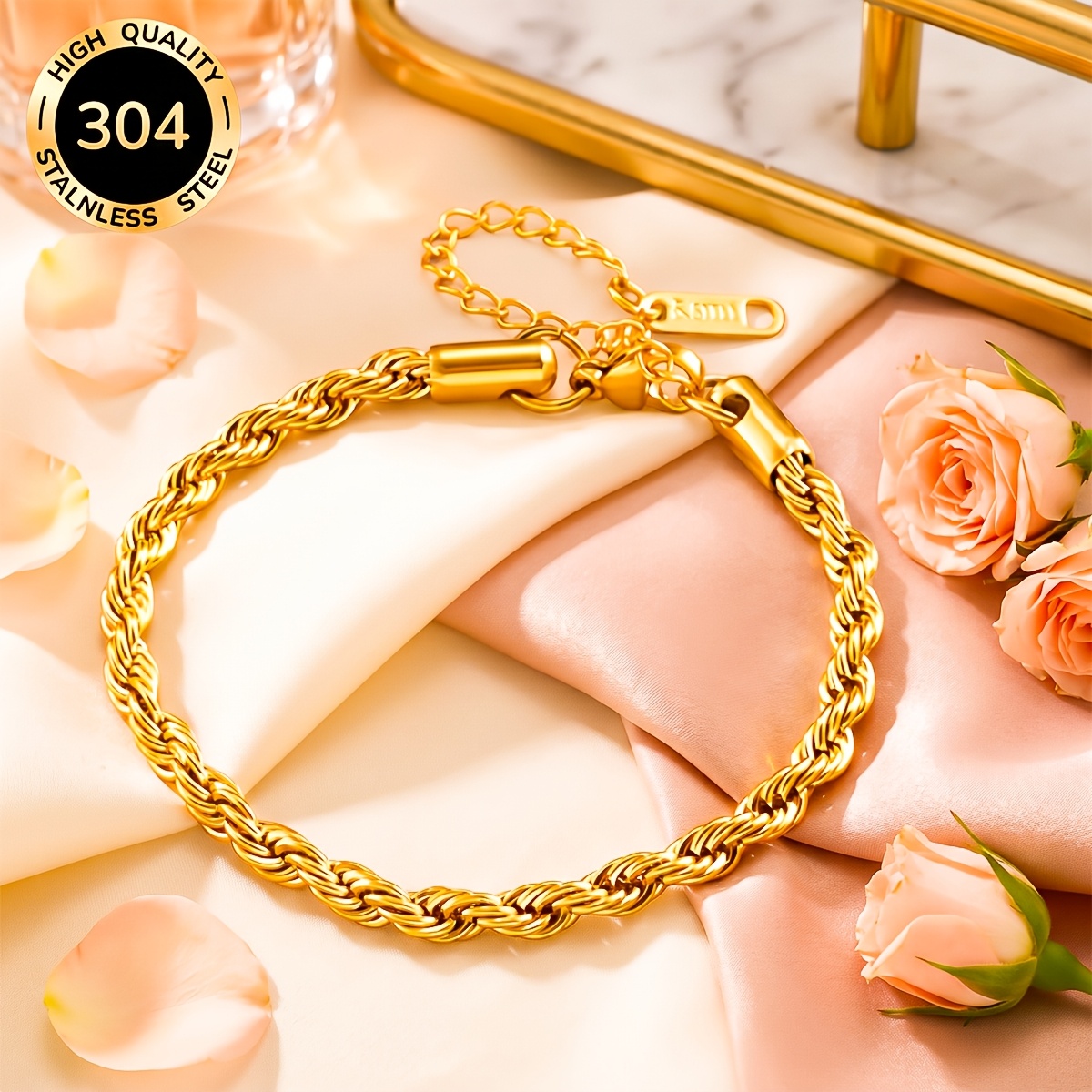 TEMU Bracelet pour femme 1 pièce en acier inoxydable plaqué or , de , bijou élégant et tendance pour femme, bracelet polyvalent et réglable, adapté à