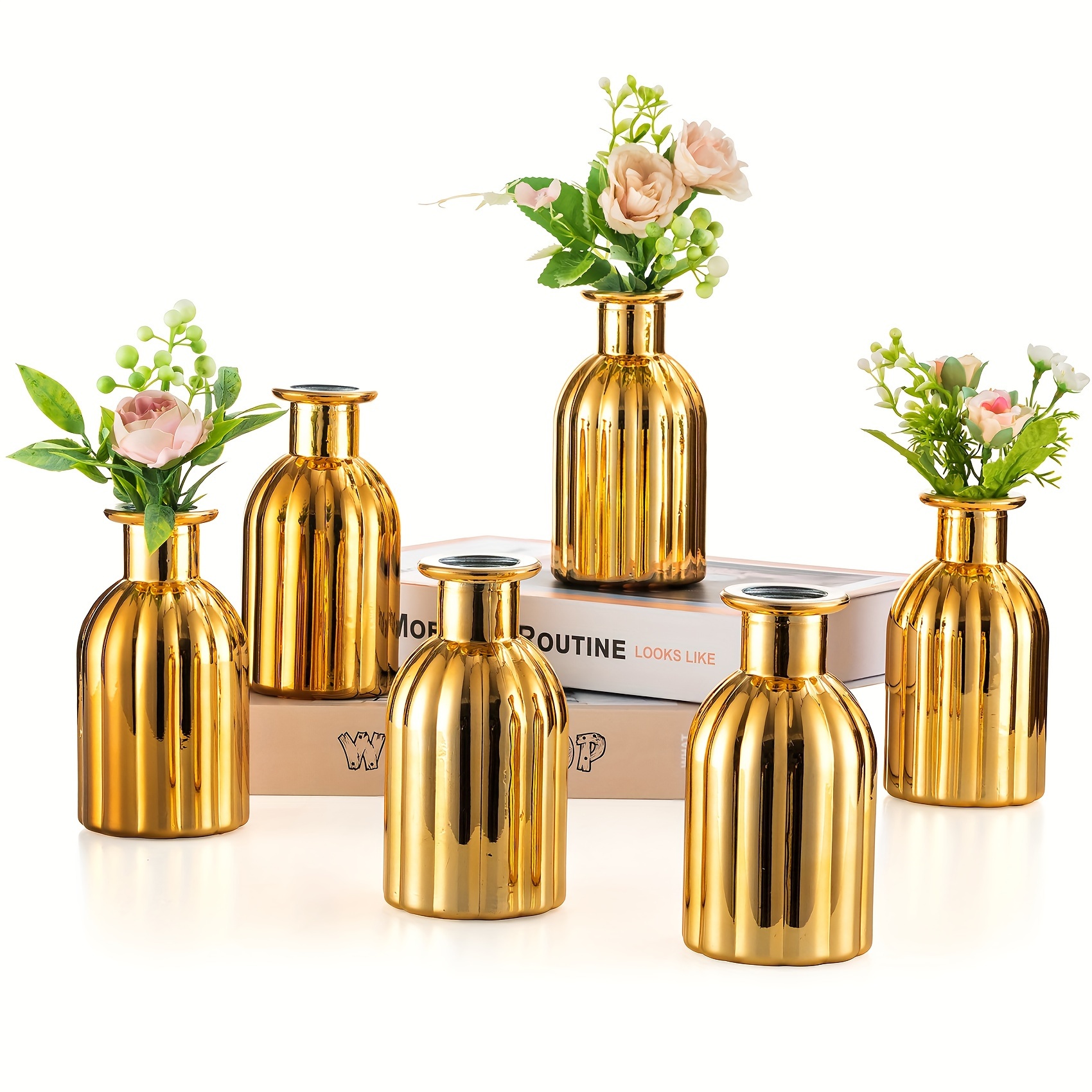 Image of 6pcs Golden Glass Bud Vases Small Flower Vase For Wedding Centrepieces Golden Vintage Mini Orchid Bottles Vases Bulk For Christmas Table Bedroom Aesthetic Birthday Party Decoration