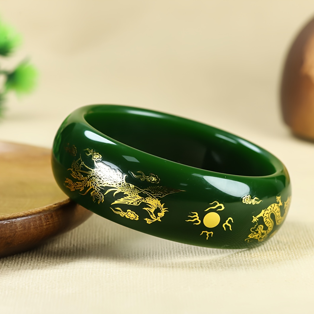 

Classic Fashion Jade Green Wide And Thick Bangle With Dragon And Phoenix, Gift For Family Men And Women Friends/festival Birthday