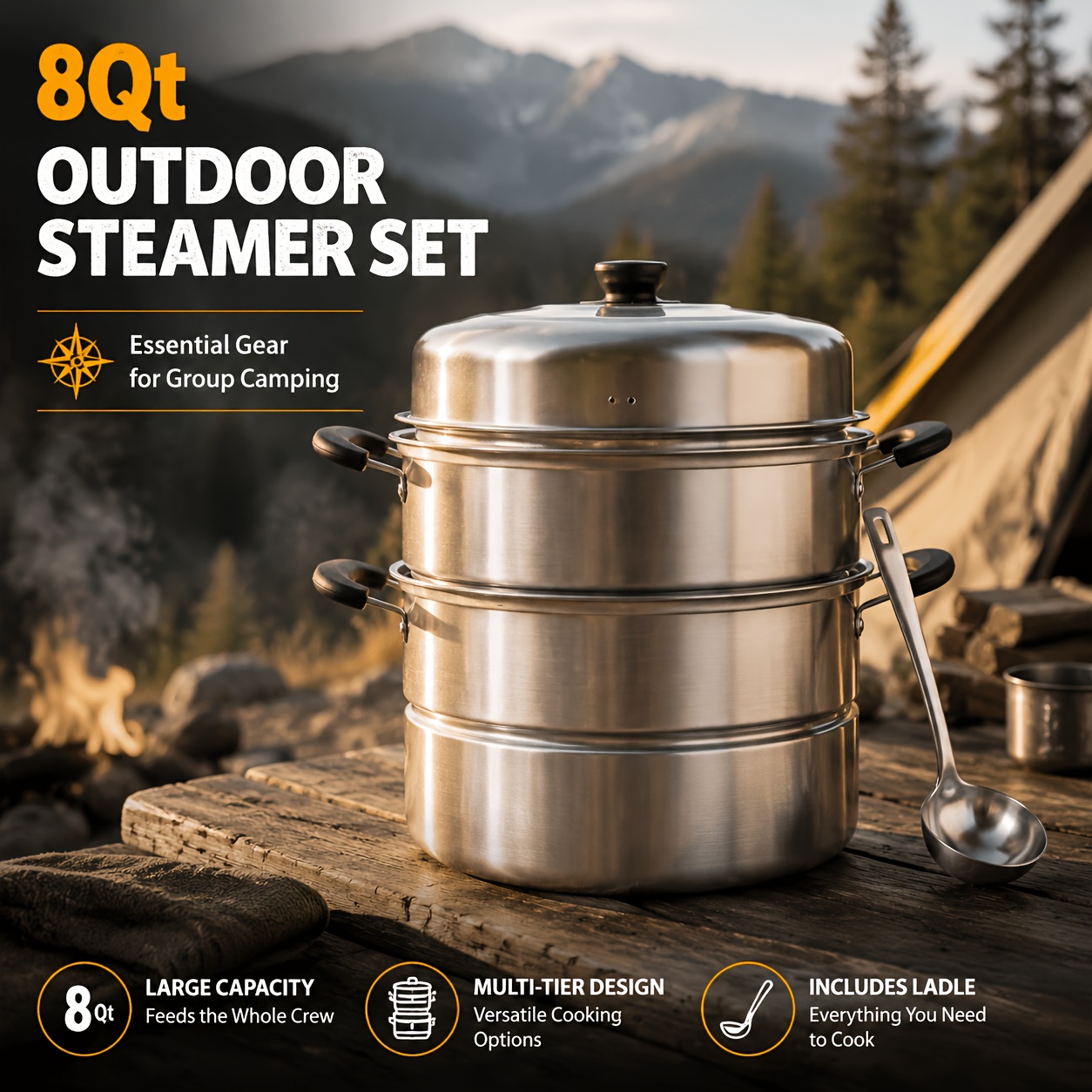 8Qt Outdoor Streamer Set with Ladle, Stainless Steel Pot Set for Picnic, Lightweight Cooking Pot Set for Camping And   Cooking Use, Suitable for a   of Stoves, A   for Household Use And Outdoor Activities, Local Warehouse