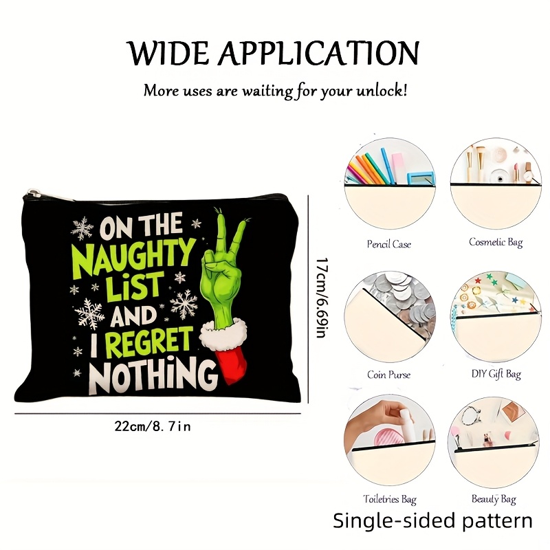 TEMU 1pc Makeup Bag, Toiletry Bag, Storage Pouch, Travel Bag, Black Christmas Themed Print "on The And I " With Green "peace" Hand Gesture Pattern,