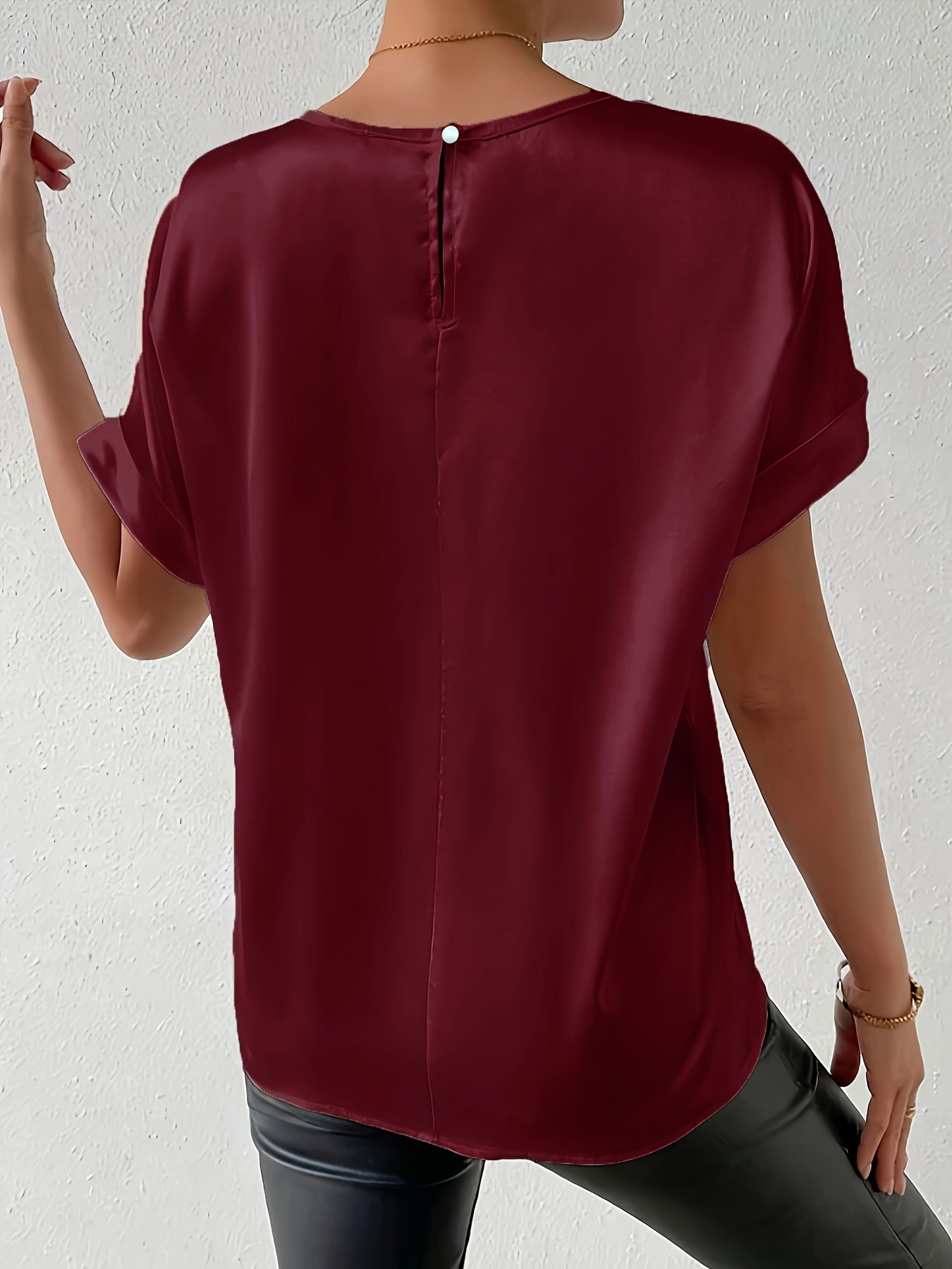 Women'S Plus Size Light Blue Woven Blouse - Elegant Short Sleeve Crew Neck, Solid Color, Non-Stretch Fabric, Perfect for Summer, Casual Summer Wear|Sleek Fitted Look|Nonstretch Material, Plus Size Blouses