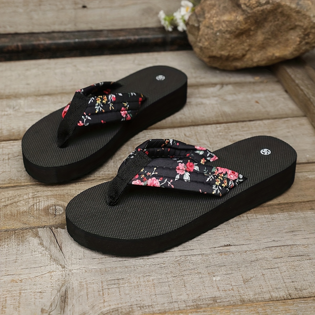 womens lightweight floral flip flops black colorful flower Temu
