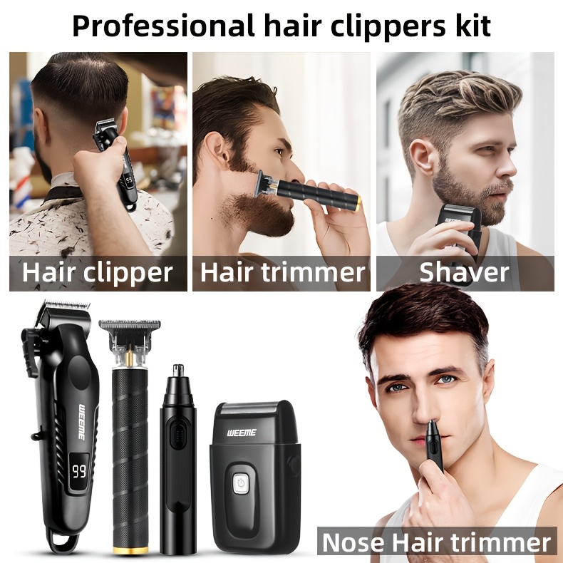 WEEME 4pcs/3pcs/1pc Cordless Men' Hair Clippers & Beard Trimmer with Electric Shaver & Nose Trimmer - Rechargeable Professional Hair Cutting System Suitable for Traveling, Home Use, Gift for Dad, Husband, Birthday/Christmas Present.