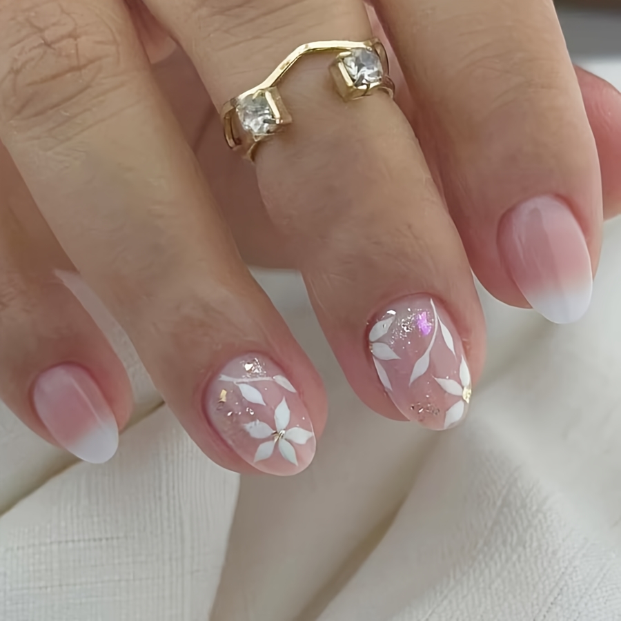 E-shop Elegante florale Press-On-Nägel, oval, hautfarben-rosa -Glitzer-Künstliche-Nägel, 24 Stk., Brautnägel