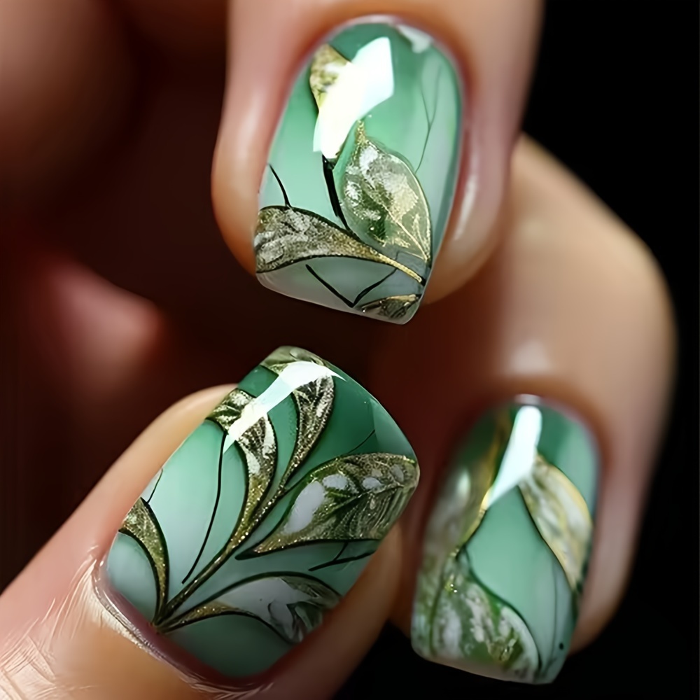 

24 pièces de faux ongles carrés de longueur moyenne avec feuille de stripe verte, paillettes et finition brillante pour femmes et filles