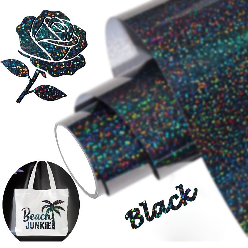 Holographic Glitter Permanent Vinyl, 9.8" X "black Permanent Adhesive Vinyl, Easy To Weed & Transfer Glitter Roll Compatible With , Crafts, Silhouette, Dec
