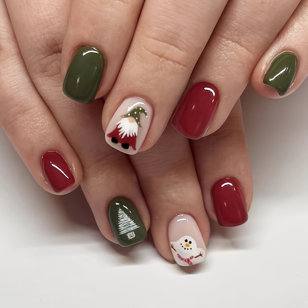 TEMU 24 Short Shiny Wearable Manicure Red And White Santa Christmas Tree Christmas Snowman Fake
