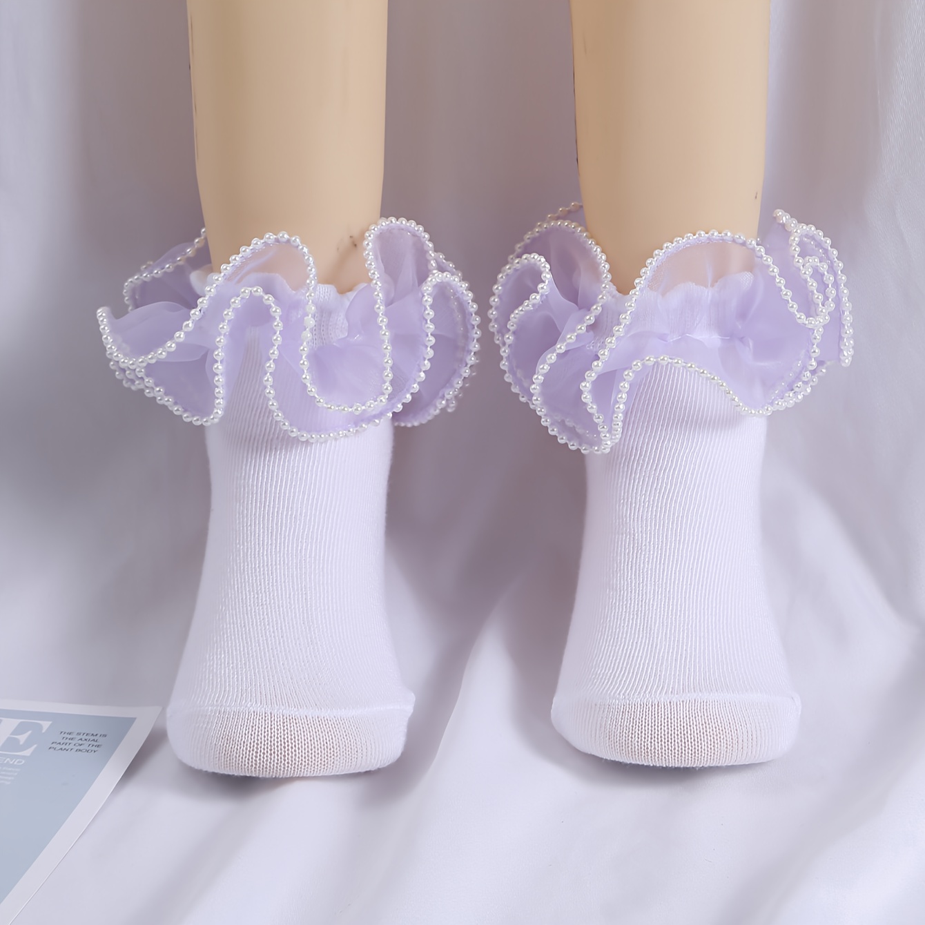 Image of 1 Pair Girls' Lavender Pearl-embellished Ankle Socks - Elegant Lace Trim Dance Socks For Ballet, Special Occasions & Wear, Girls Socks