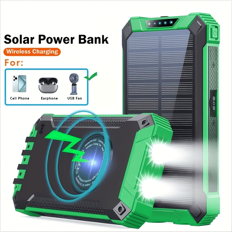 TEMU 20000mah Portable Solar Charger Power Bank With Built-in Cables, Wireless Charging & Dual Led Flashlight, Outdoor Emergency Battery Pack For