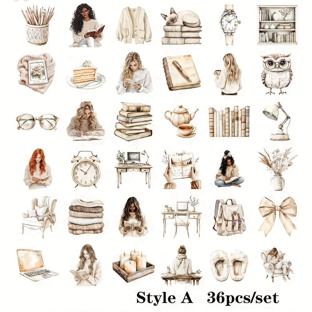 E-shop 36er-Set Retro Frische Lesemädchen-Tagebuch-Sticker, Hochwertige DIY Aufkleber für Notizbücher, Scrapbooks und Magazin-Dekoration