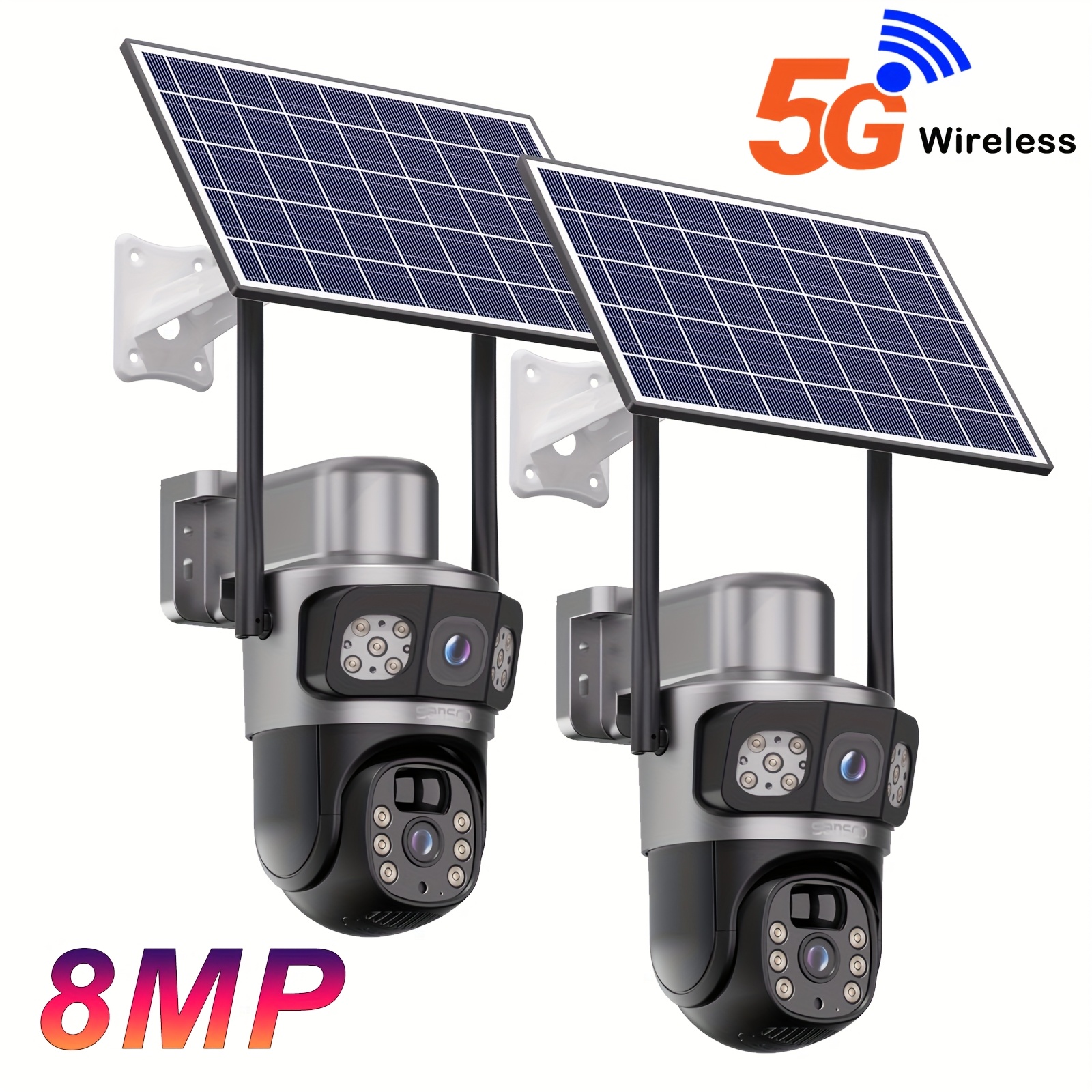 TEMU 8mp Solar Security Cameras Wireless Outdoor, 2.4g& 5g Wifi Dual Lens 360° Ptz View Battery Outdoor Cameras For Home Security, Color Night Vision