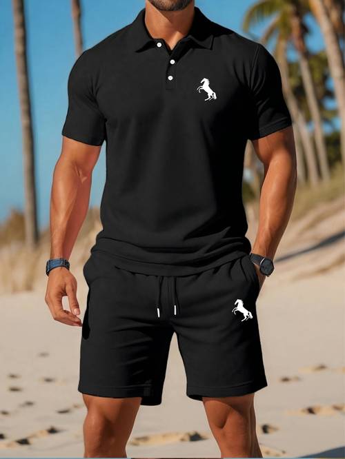 blue black gray solid color suit short sleeved mens shirt as the base mens textured shorts short sleeved t shirt two piece set