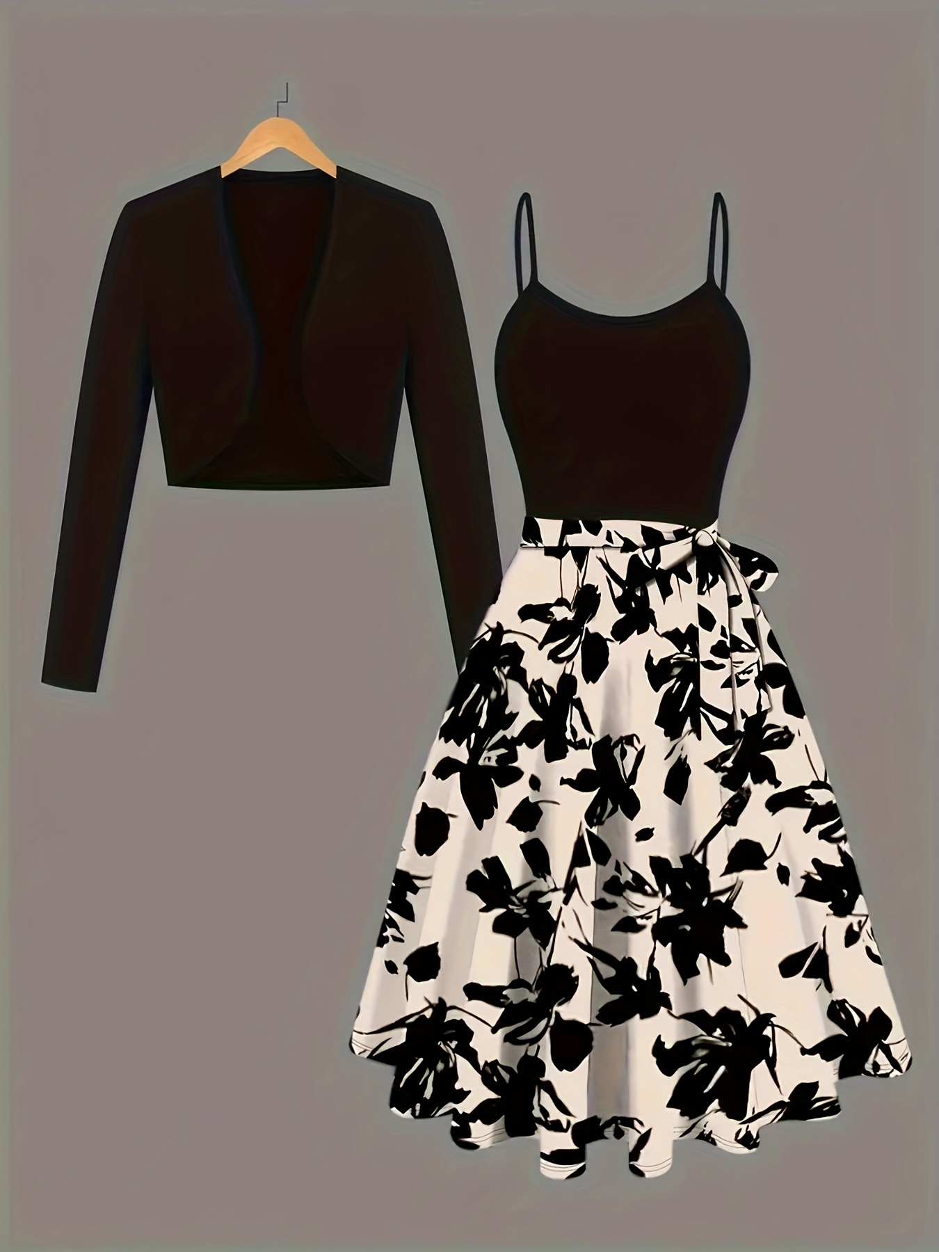 Elegant floral print dress and cardigan two piece set in a polyester blend The dress and cardigan feature long sleeves and a mid elasticity fabric for all season wear
