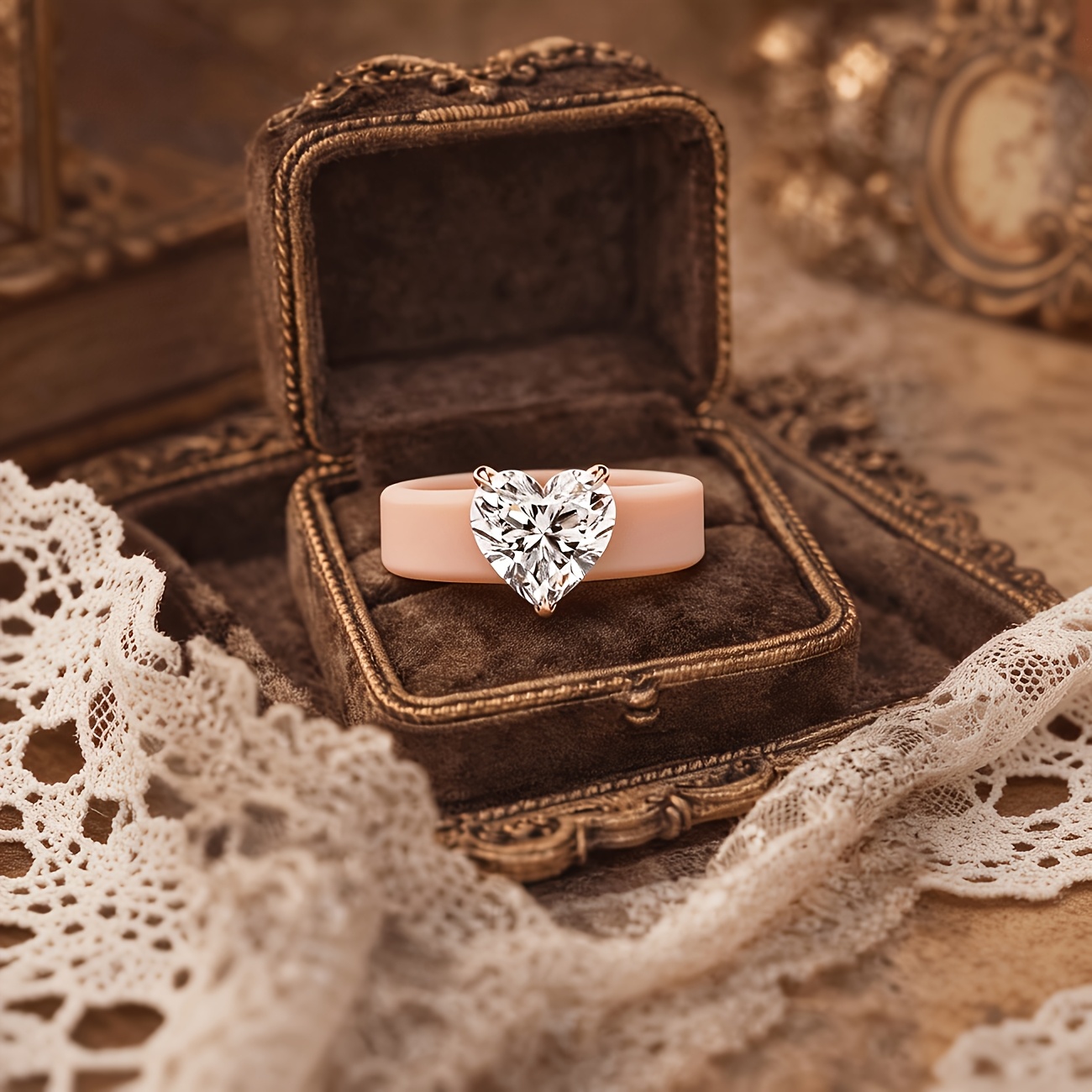 14K Gold-plated Khaki Silicone Ring with Heart-shaped CZ