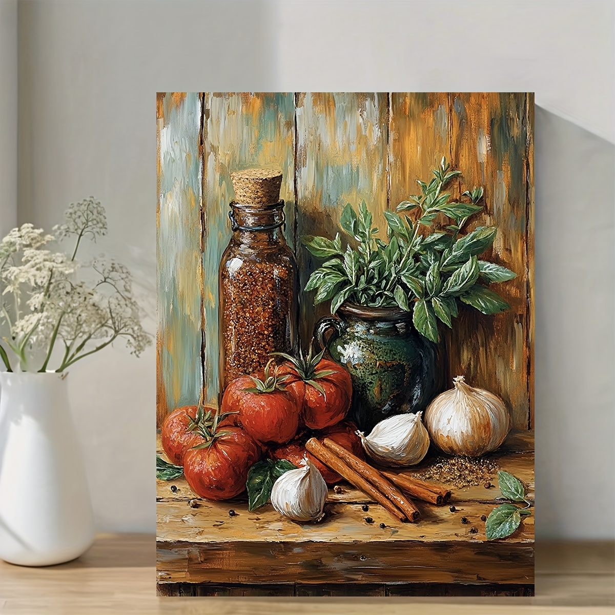 TEMU 1pc Vintage & Vegetable Still Life Canvas Wall Art - Frameless Style Painting With Garlic, Tomatoes, Basil, Chili Peppers & Spices - Rustic