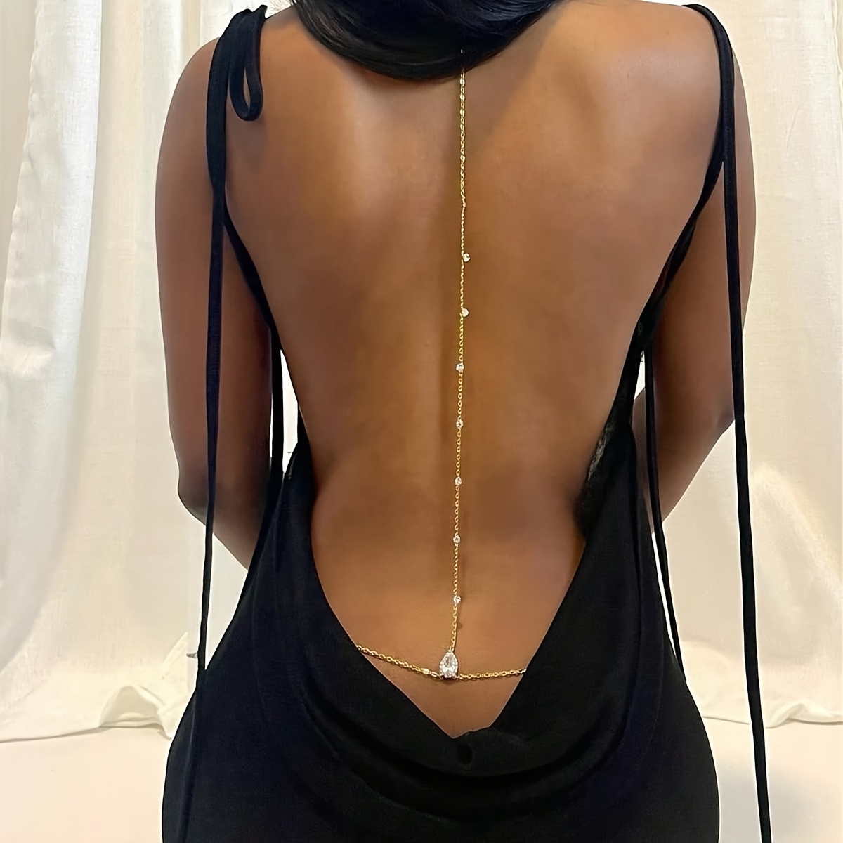 Women’s Elegant Back Chain Body Jewelry – Golden Teardrop Pendant Spine Necklace