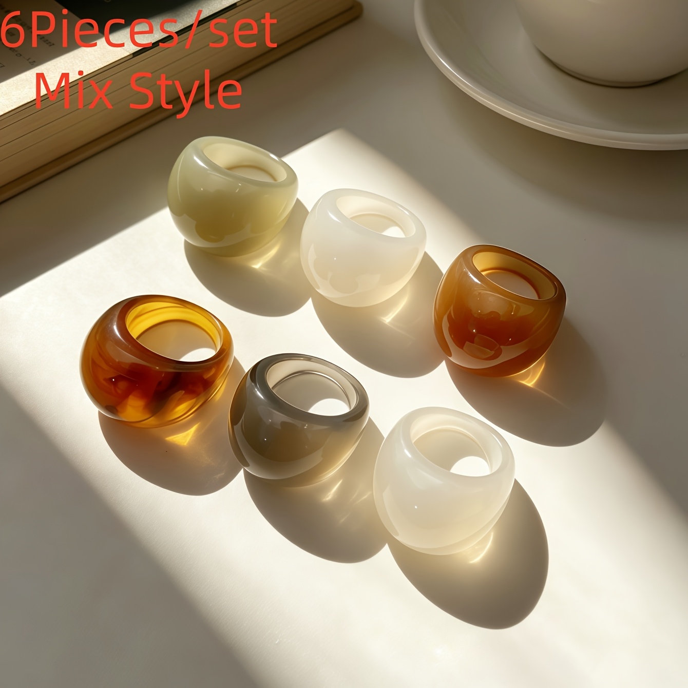 TEMU 6pcs Set Women's Fashion Retro Easy Transparent Resin Ring Set Mixed Styles Individual Trendy Party Gift Daily Jewelry Additions Random Style