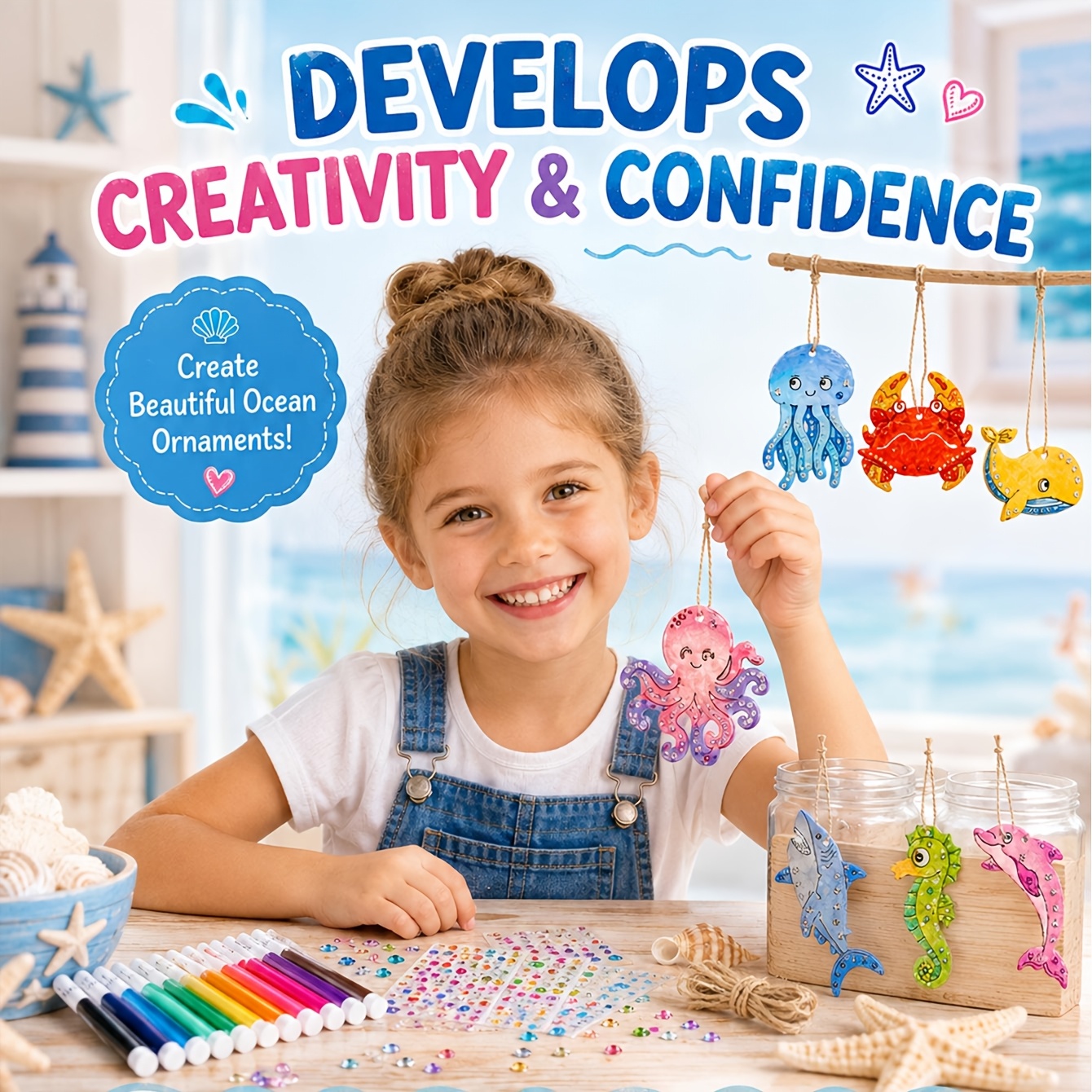 Summer Ocean Wooden Ornament Coloring Kit for Kids