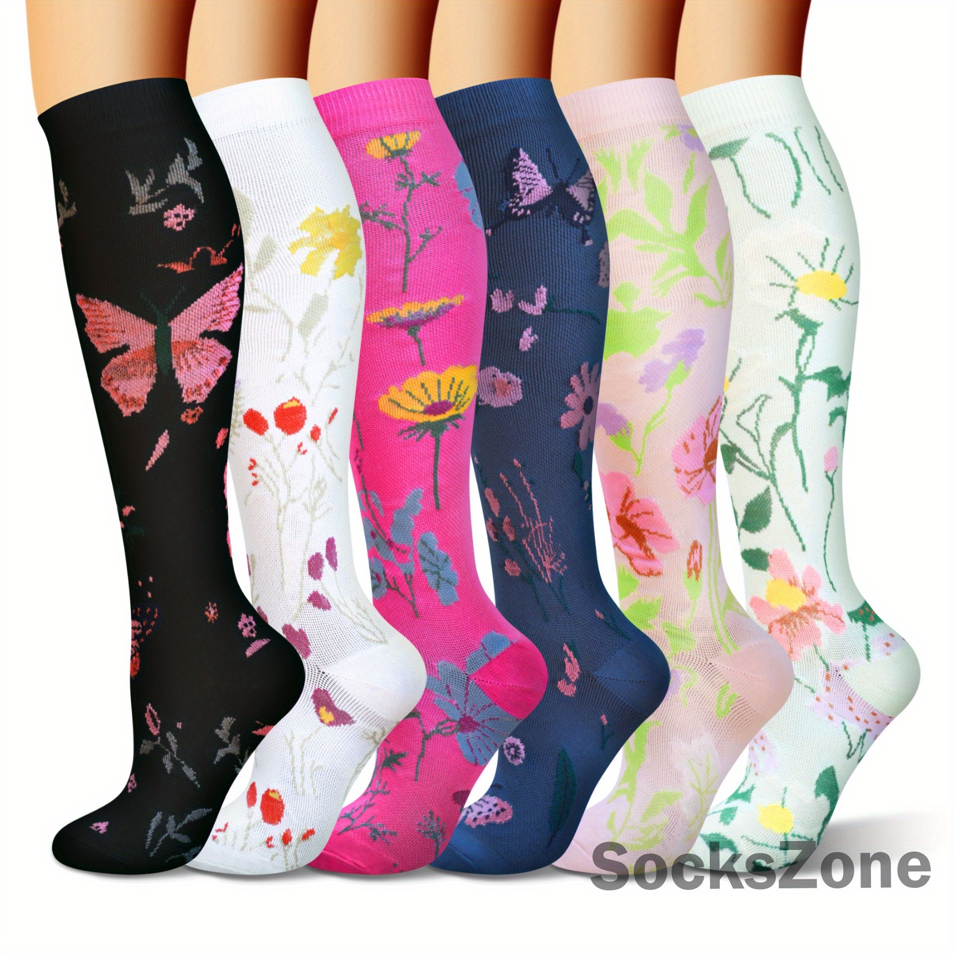 TEMU 6 Pairs Floral Knee-high Compression Socks - Breathable Fabric, 80% Polyester, 20% Spandex, Support Socks For Women And Men, Hand Wash, Socks