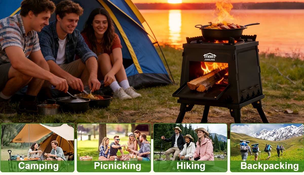 Portable Wood Burning Camp Stove | For Outdoor Hiking, Picnic, BBQ, Travel - Black, No Ignition Function, Compatible with Firewood/Charcoal