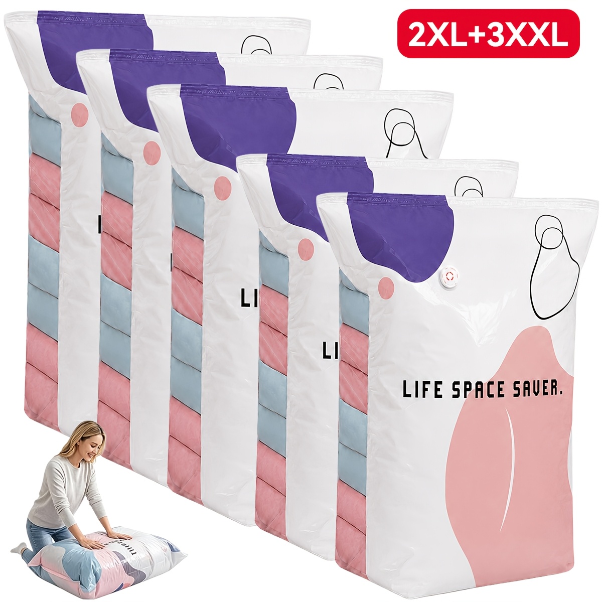 TEMU 5pcs Pump-free Compression Storage Bags, Reusable No-vacuum Space Saver Bags For Clothes, Comforters, Quilts & Bedding, Press-to-compress Travel