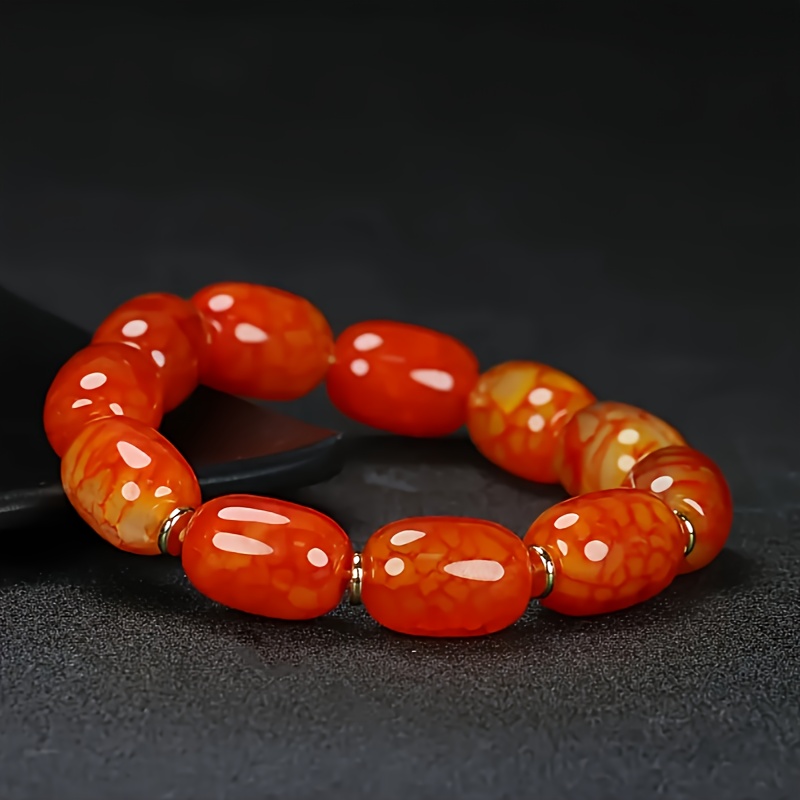 TEMU Red Agate Beaded Bracelet With Golden Spacer - Cool Cylindrical Beads, Smooth Polished Natural Stone Jewelry, Suitable For Casual And Formal