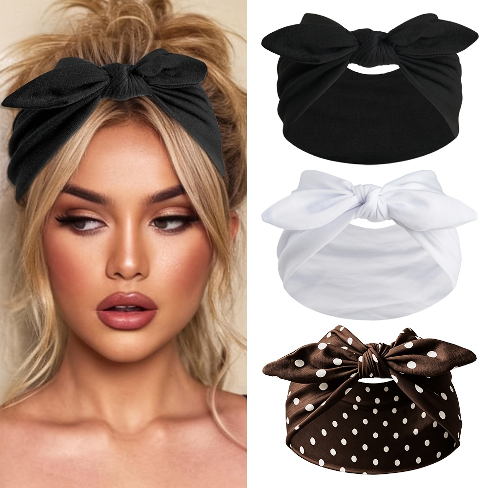 TEMU Women's Headscarf Polka Dot Pattern - 3pcs Elastic Tie-bow Bohemian Headband, Soft Cute Retro Hairband, Suitable For Yoga, Makeup, Exercise,