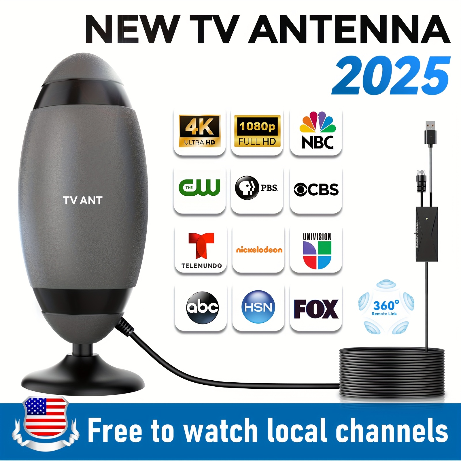 2026 Metal Long-Distance Signals Receive High-Definition 4K TV Antenna, 200 Kilometers TV Channel Signal Reception, One-Button Long-Distance Signal Reception Mode, USB, Complete Accessories, Free TV, Suitable For Smart TV, Old TV, Indoor TV Antenna