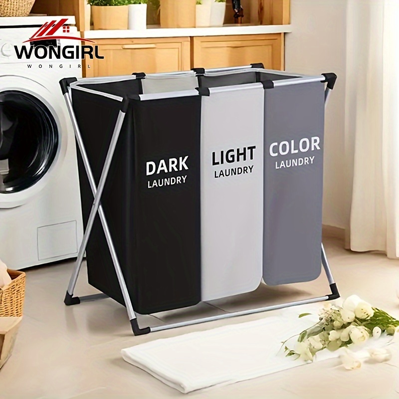 

1pc Wongirl Large Textile Laundry Hamper, 3 Compartment Dirty Clothes Storage Basket For Home And College Dorm