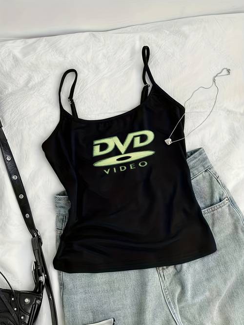 round neck camisole with dvd logo and cd pattern y2k vintage spicy adjustable thin strap short camisole top new summer sleeveless top for women suitable for casual streetwear daily wear or attending parties