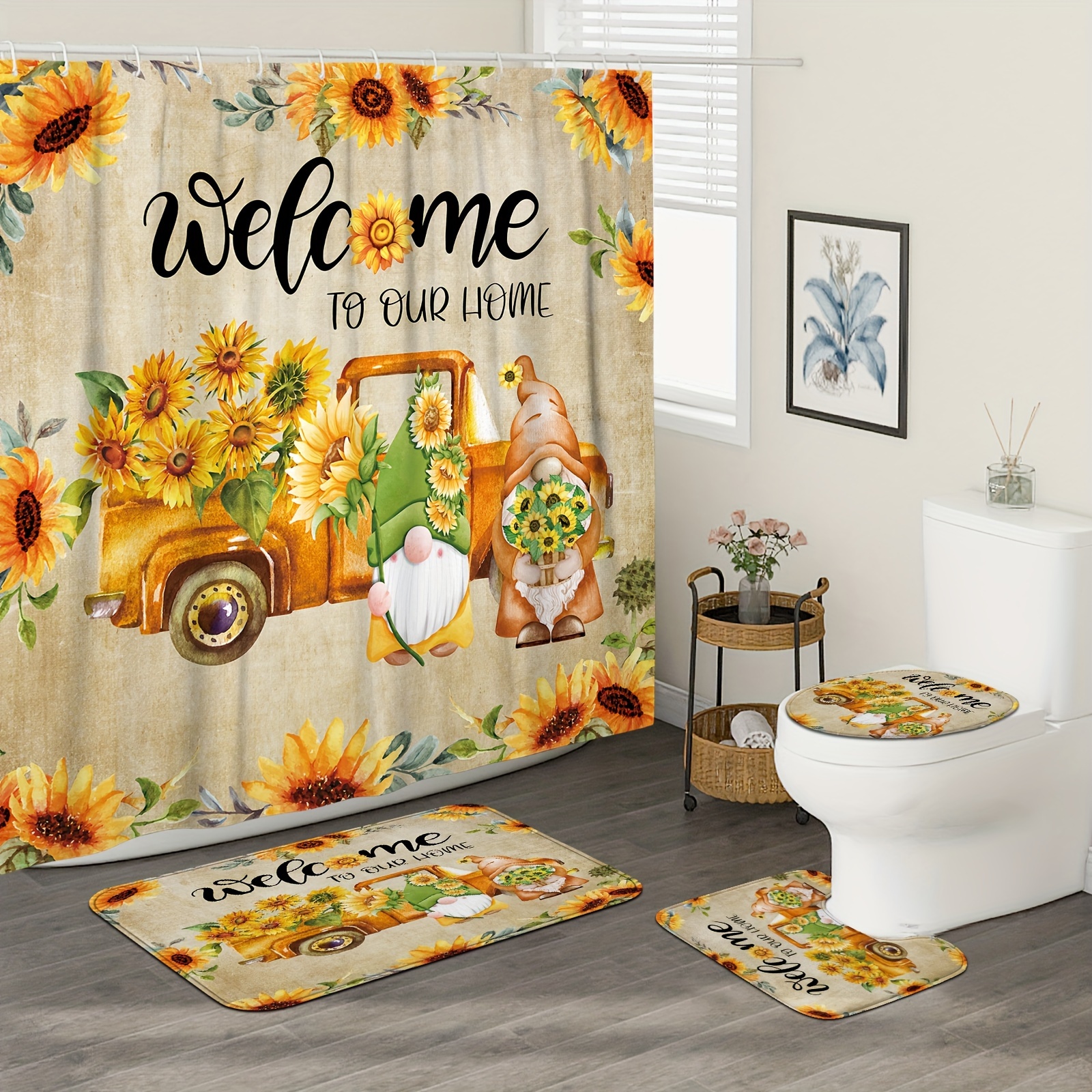 

1/4pcs Gnome Sunflower Printed Shower Curtain Set, Waterproof Shower Curtain With Hooks, Non-slip Bathroom Rug, Toilet U-shape Mat, Toilet Lid Cover Pad, Bathroom Decor