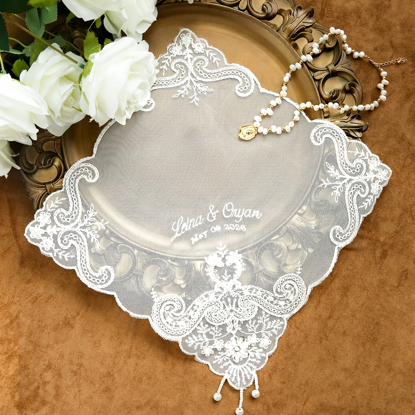 TEMU Personalized Bridal Hanky - Custom Name & Date Embroidered Wedding Handkerchief With Tassel, Elegant Lace Suitable For Wedding Ceremony