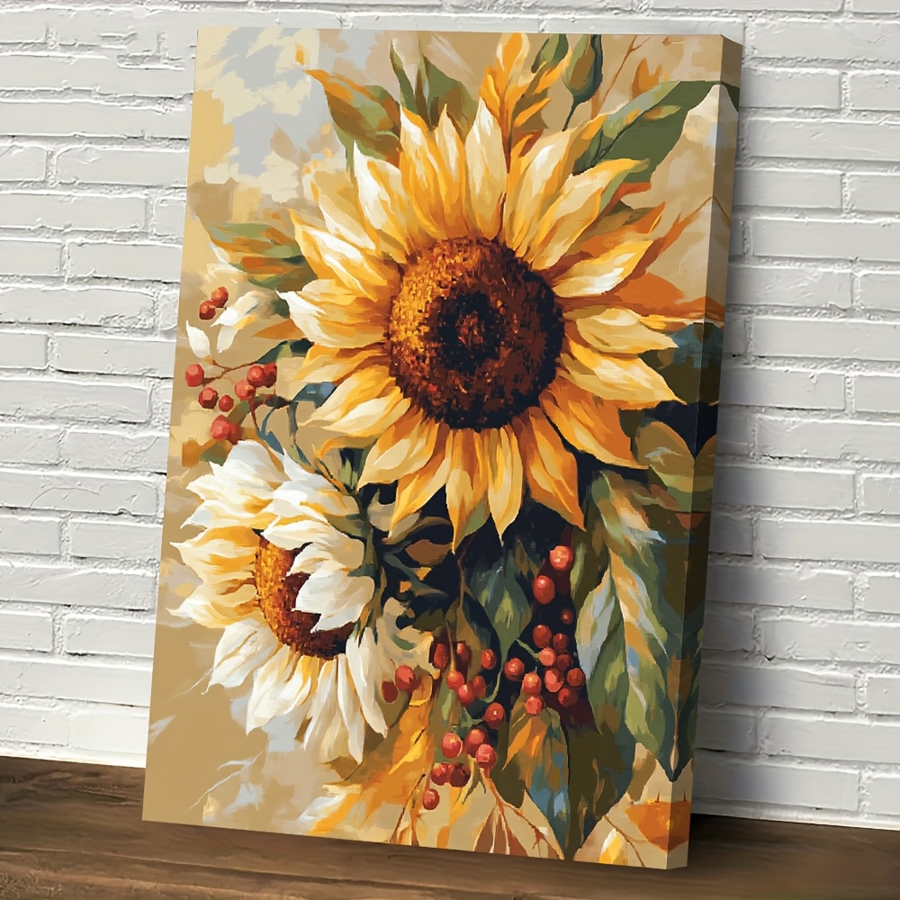 TEMU 2d Flat, 1pc Rustic Farmhouse Framed Canvas Wall Art - Sunflower & Berries With Wooden Frame, Modern Country Decor Suitable For Living Room,
