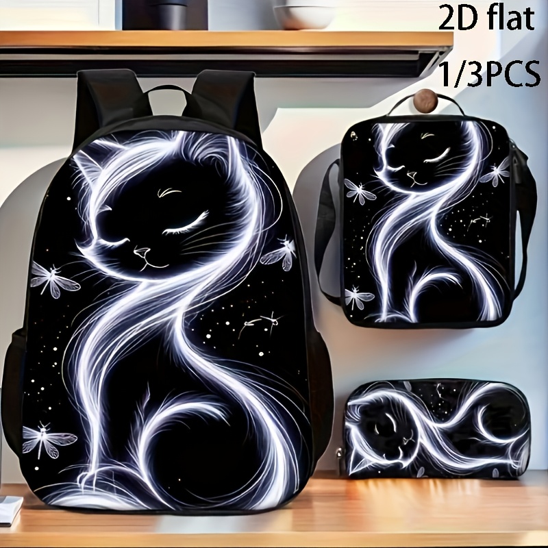 E-shop 1/3-teiliges Katzen-Print Unisex-Rucksack-Set. Inklusive Rucksacks mit großem Fassungsvermögen, einer Umhängetasche und Federmäppchens, für