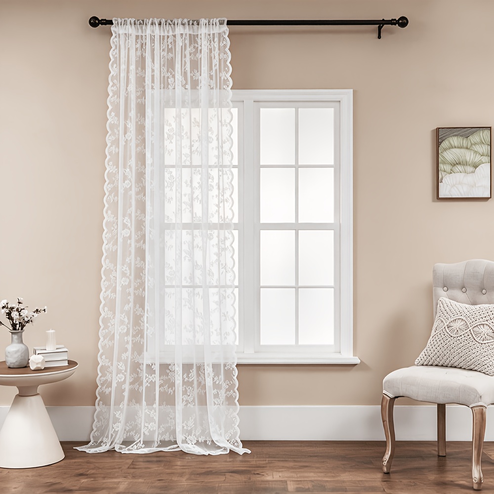 Image of 1pc Vintage Floral Lace Sheer Curtain - Semi-transparent Light Filtering Drapery For Bedroom & Living Room, Wash Care, Polyester Jacquard Fabric, Rod , , Curtains For Living Room