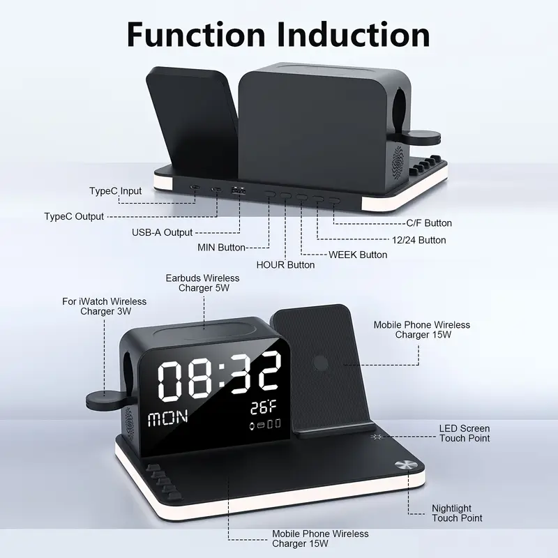 7in 1 dual phone wireless charging station with night light phone holder phone time week temperature display 30w adapter for iphone and iwatch fast charging dock with wired output details 0