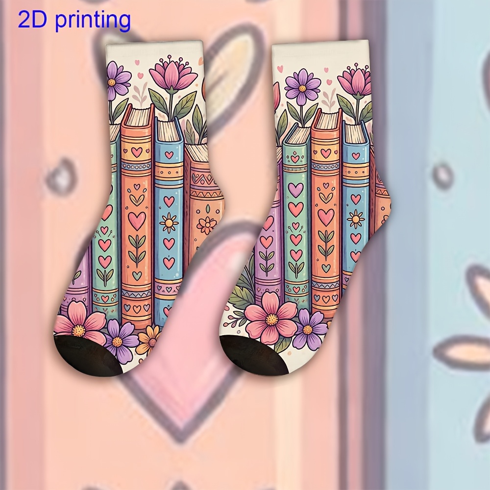 TEMU A Unique Pair Of Socks Designed With Whimsical Book Floral Illustration For Women& Men, Sock| Ideal For Party Costume, Gifts, Daily Wear