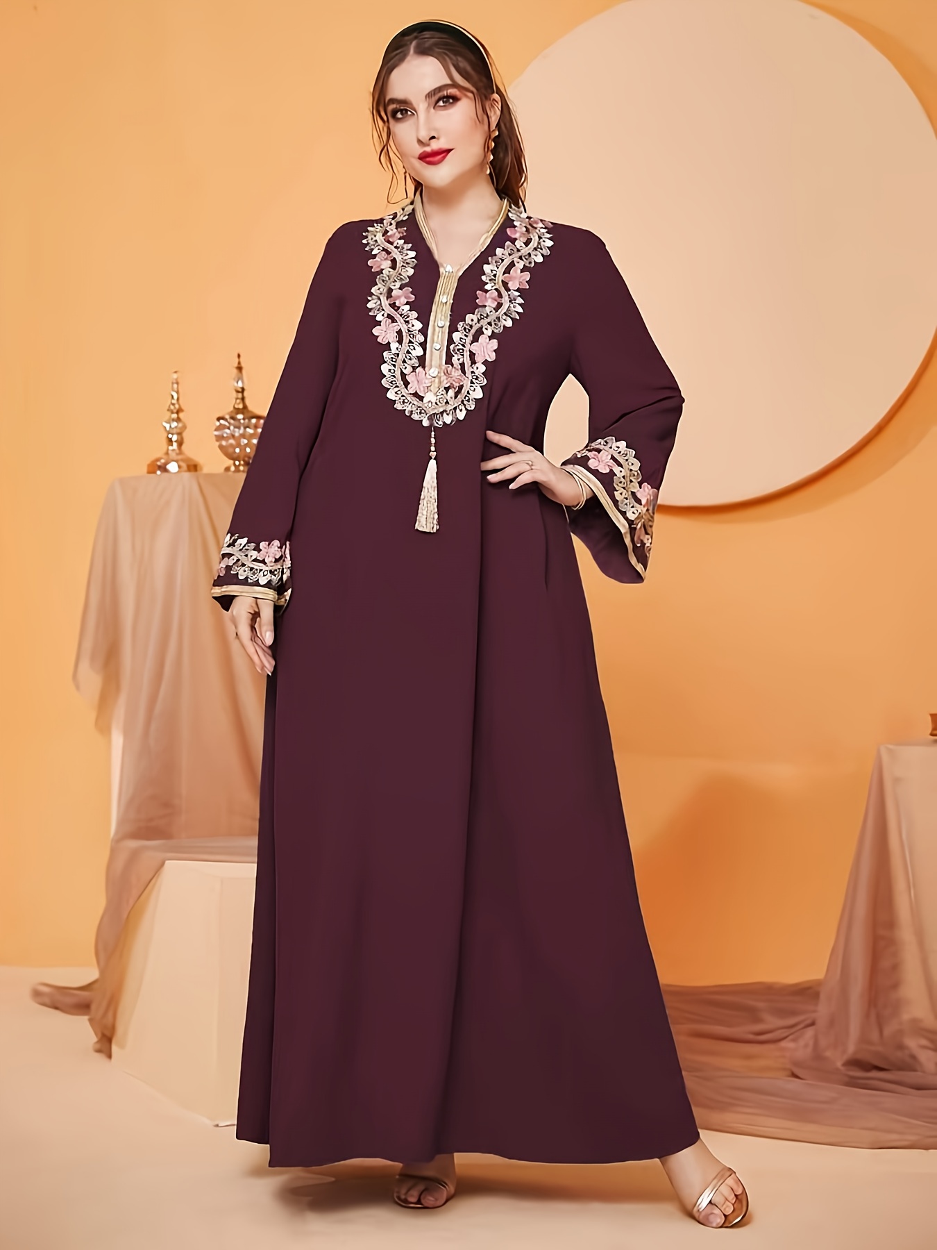 maroon maxi dress plus size Xpluswear Design Plus Size Halloween Costume Burgundy Witches Gothic V-Neck  Trumpet Sleeve Velvet Lace Maxi DressShips 24h