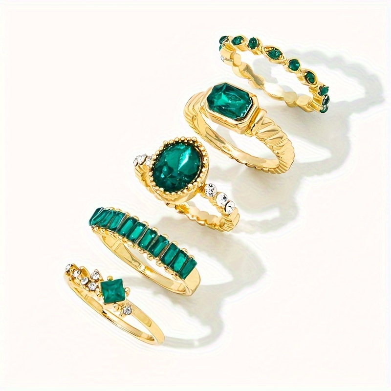 

Elegant & Sexy 5-piece Ring Set With Green Rhinestones, Geometric & Oval Designs - Versatile Alloy Statement Rings For Women, Party, Date, Banquet & Gifting