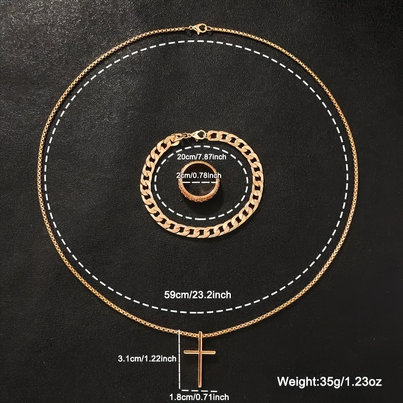 4pcs Men's Luxury Golden Watch & Set - Quartz Analog Watch with Matching Ring, Necklace & Bracelet, Golden-Tone Roman Numeral, Chronograph Hands, Multi- Sub-Dials - Complete Accessory Kit for Weddings, Parties, Everyday