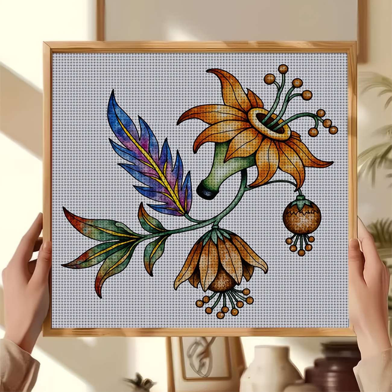 Cross Stitch Printed Kit, Frameless, Colorful Flowers with Feathers Design