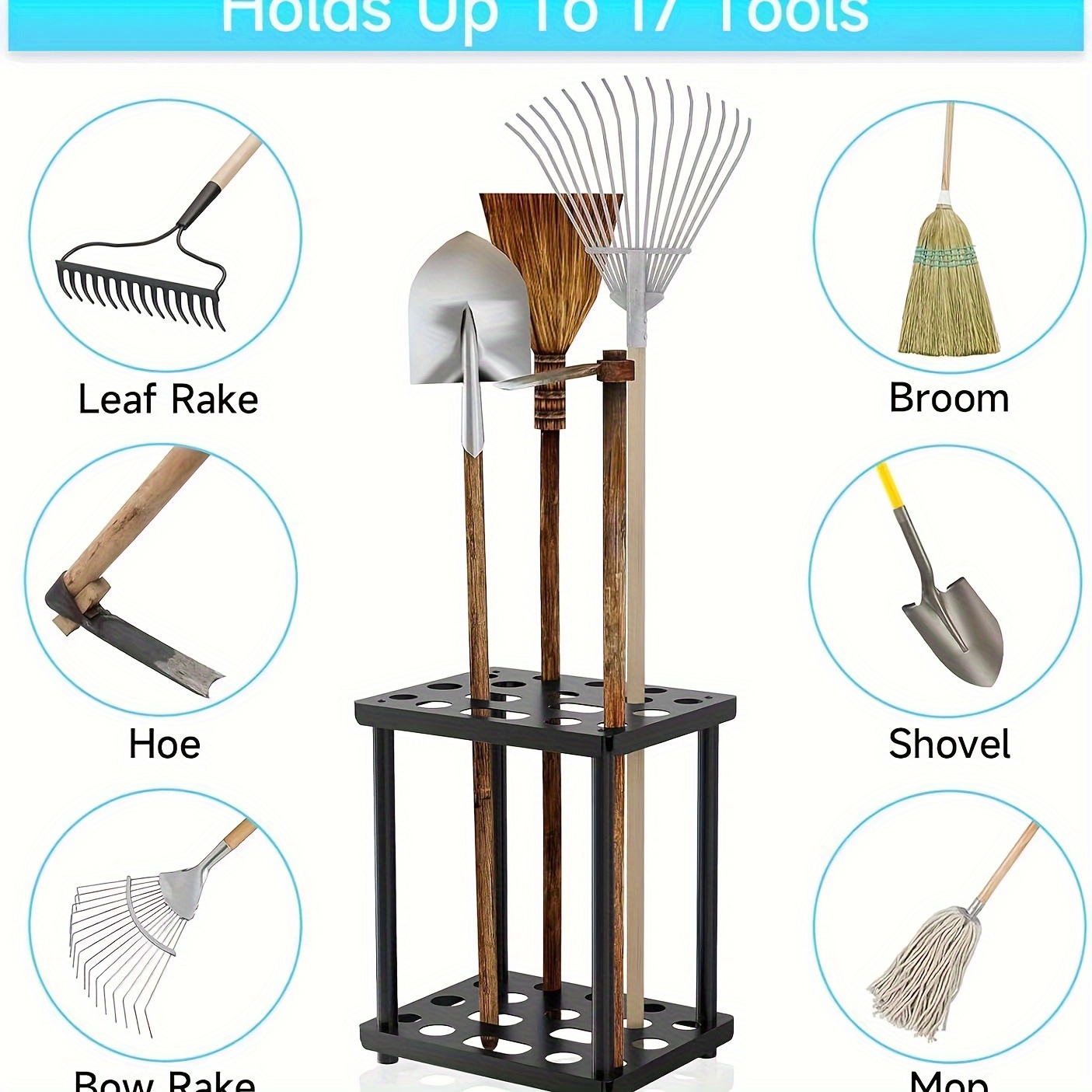 TEMU Organisateur d'outils de jardin en métal, 1 pièce, 17 fentes, à outils de jardin pour organisation et rangement de garage, peut contenir des